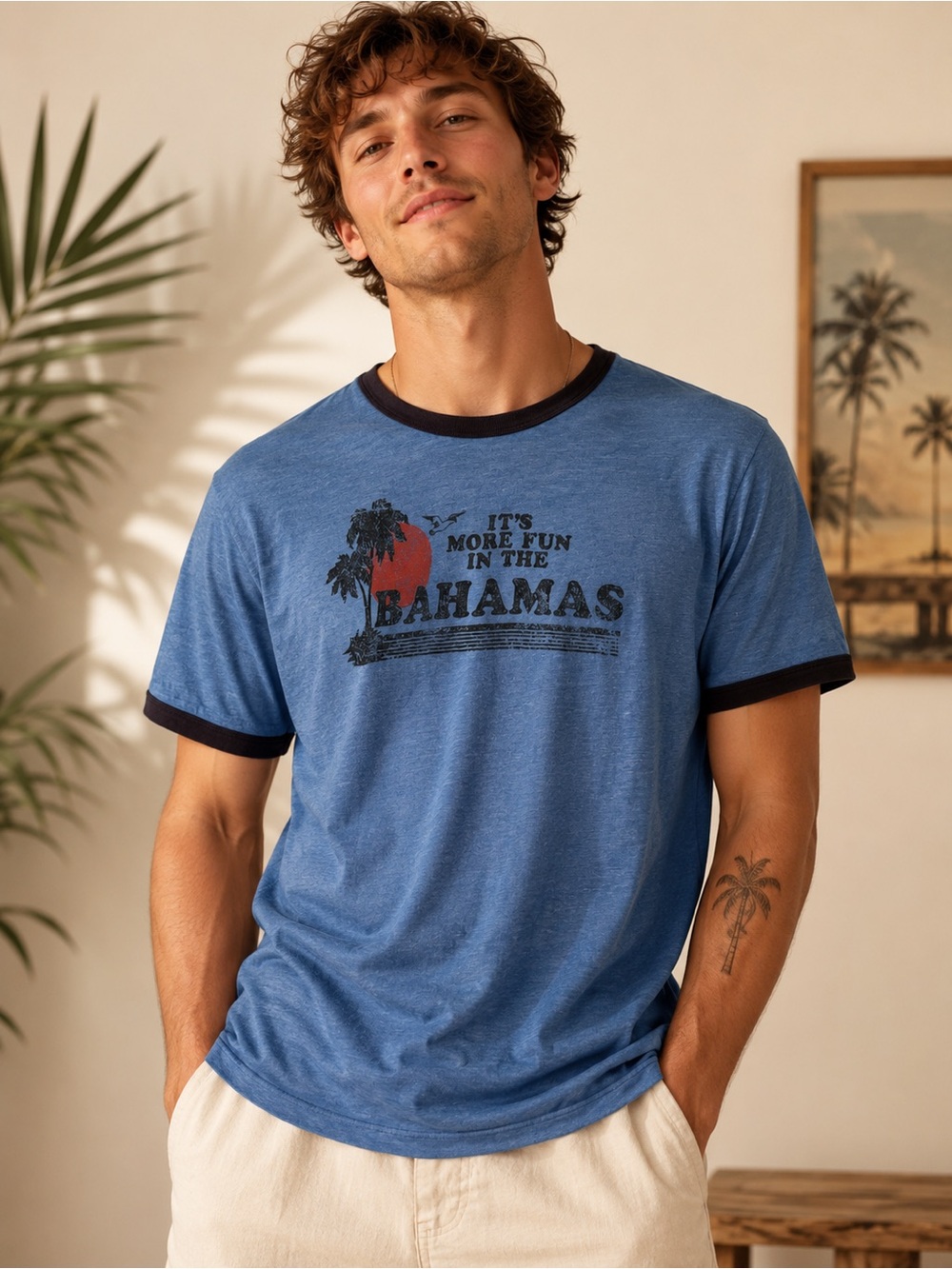 Bahamas Ringer Graphic T-Shirt Blue Retro Travel Tee Men’s M
